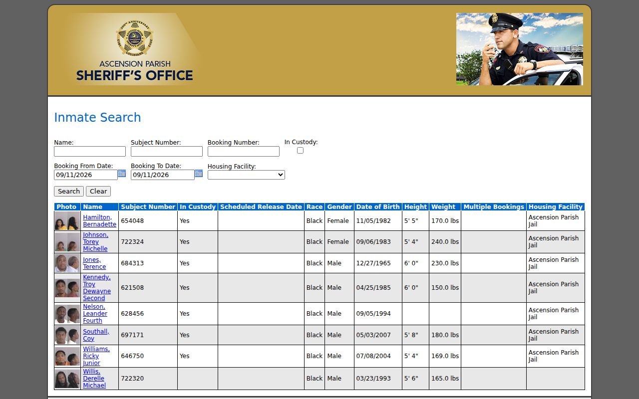 Ascension Parish Warrant Records: APSO booking and custody search, not an active warrant index