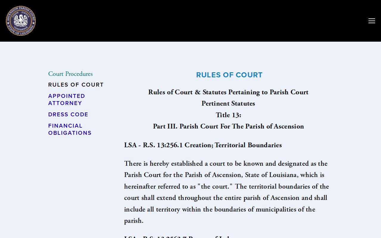 Ascension Parish arrest warrant authority and court sessions page
