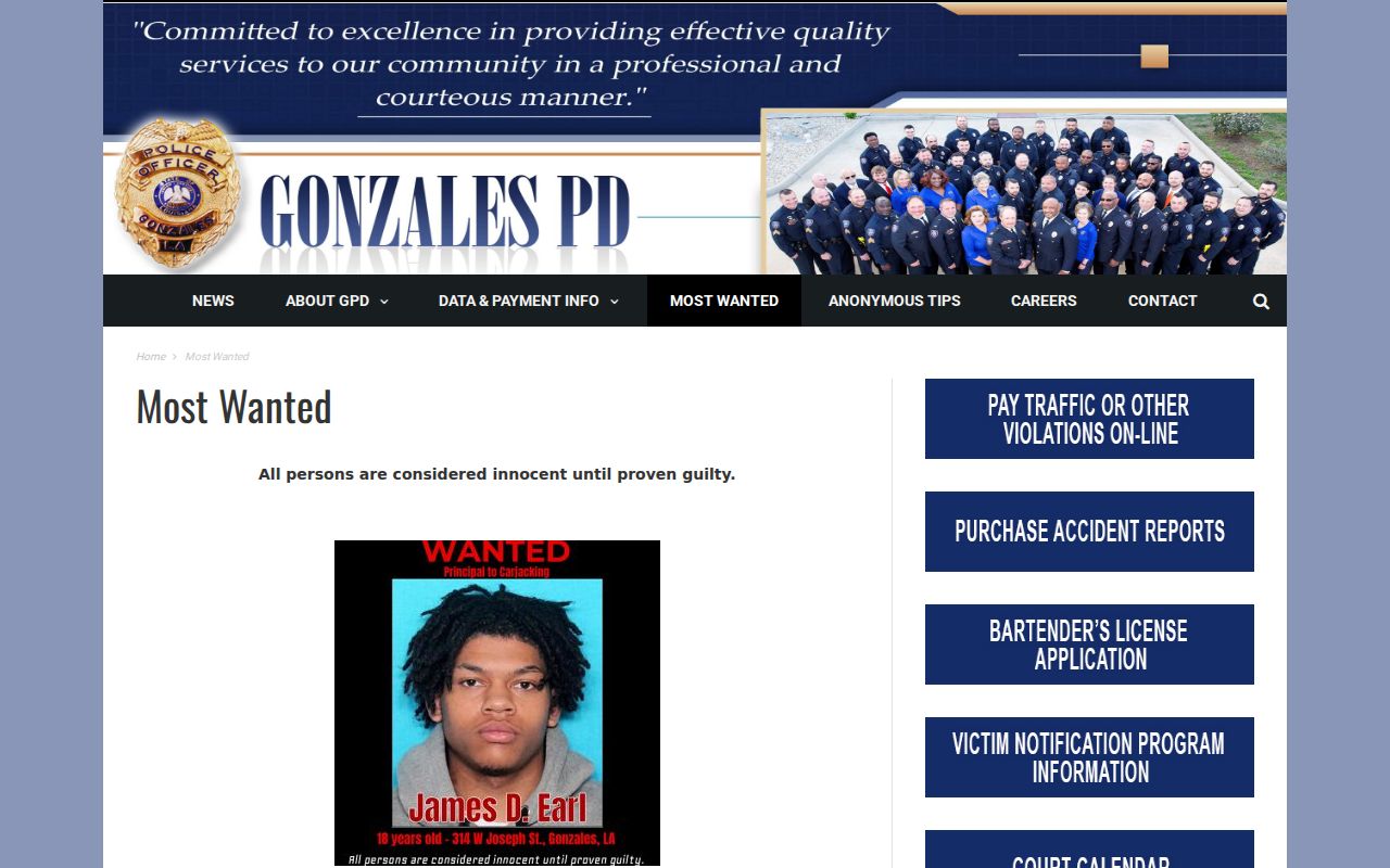 Ascension Parish Warrant Records: Gonzales Police most wanted program page