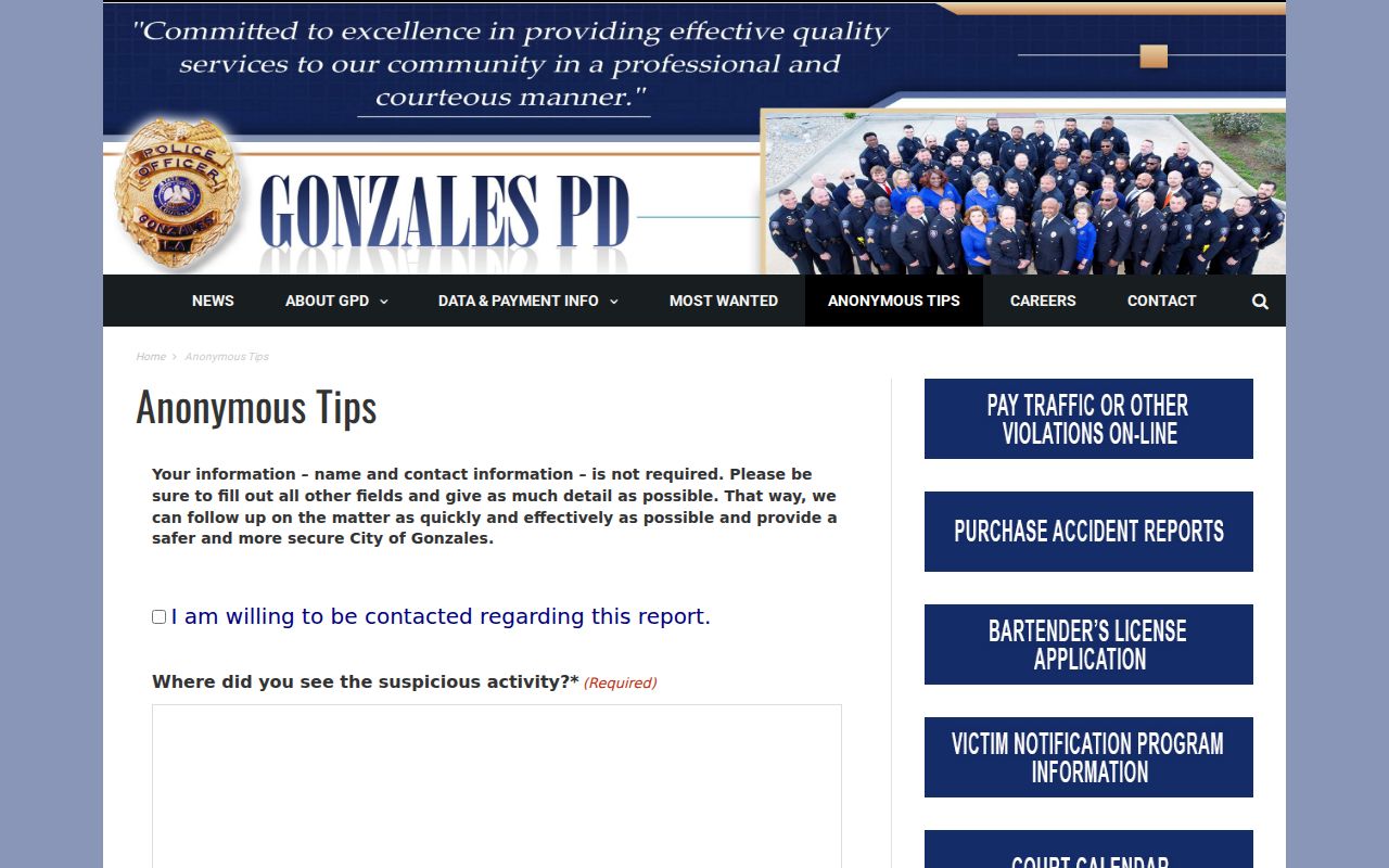 Ascension Parish Warrant Records: Gonzales Police anonymous tip form