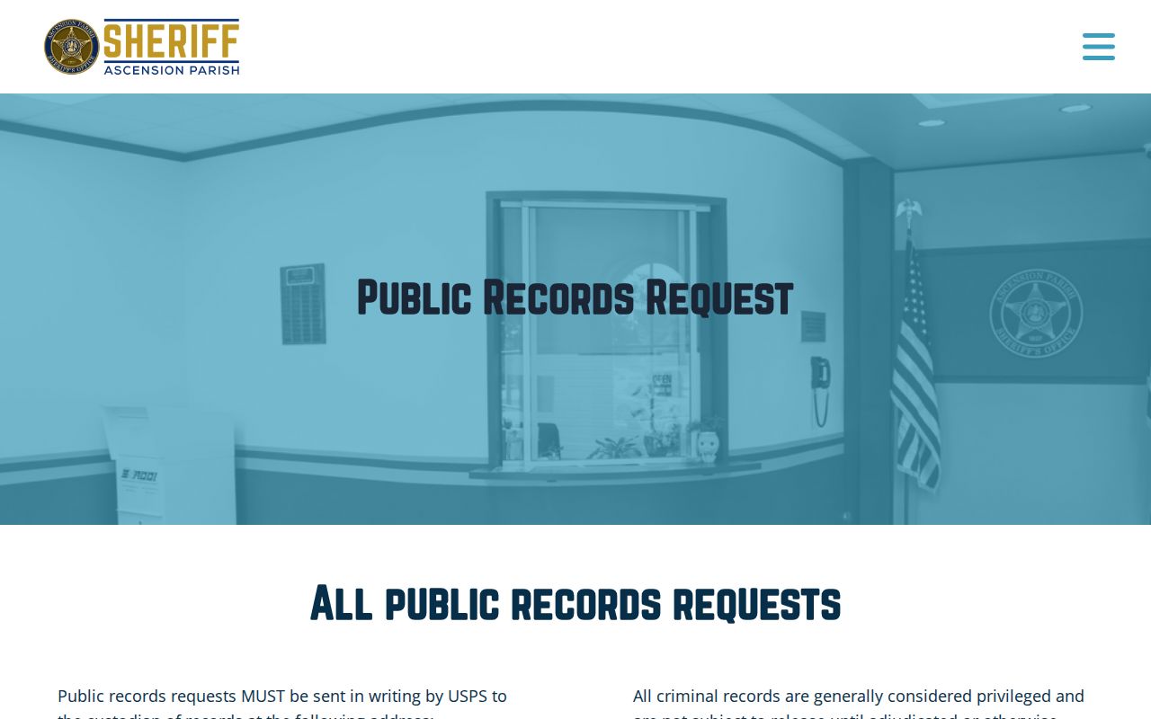 Ascension Parish Warrant Records: APSO USPS-only public-record request instructions page